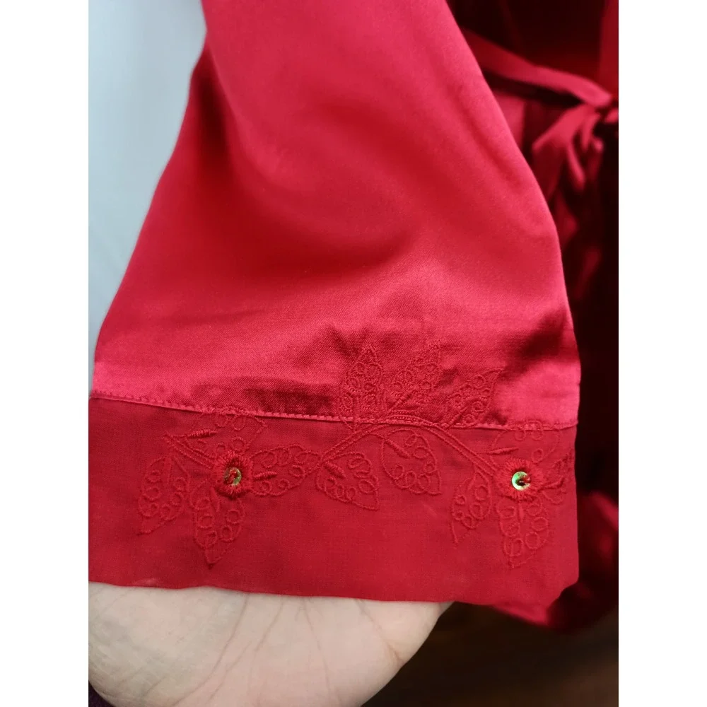 vintage S Red satin belted luxury lace‎ robe valentines date night loungewear